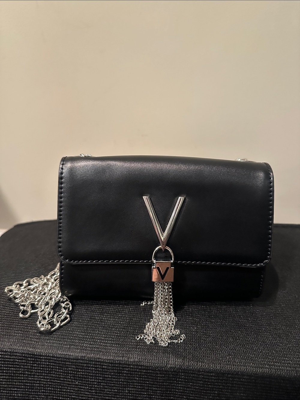 Mario Valentino V-Emblem Black Chain Crossbody Bag